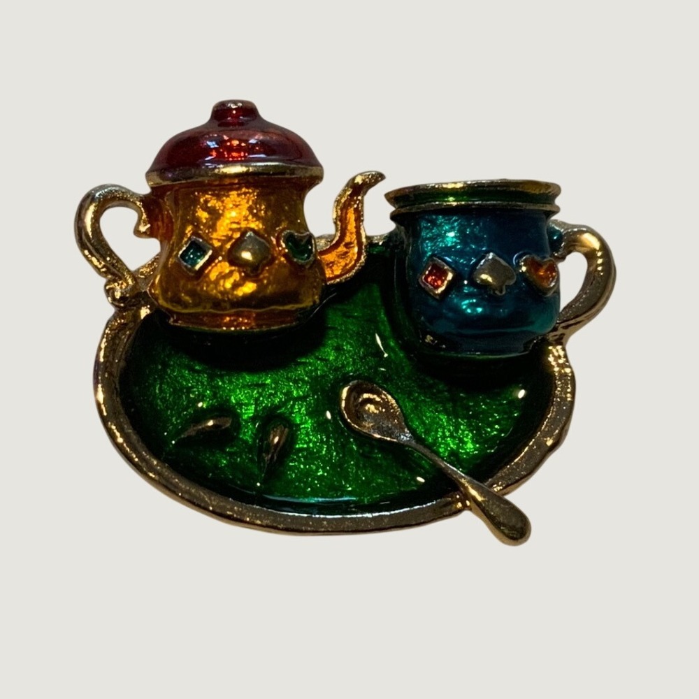 Vintage Enamel Tea Set Brooch Gold Tone Teapot Teacup Spoon Rhinestone Pin